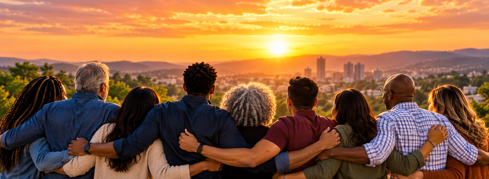 Diverse Christian community standing together at sunset