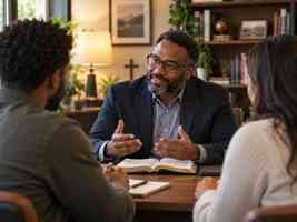 Male Christian minister in an office speaking with two people with an open Bible on the desk