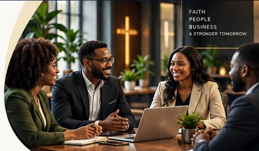 Christian businesspeople gathered around a table in a collaborative meeting