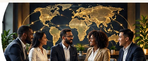 Christian businesspeople collaborating in front of a gold world map